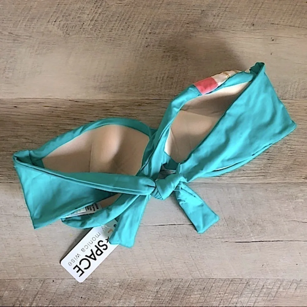 L*Space NWT Twist Colorblock Bandeau Bikini Top M Teal Pink Gold Lurex Strapless